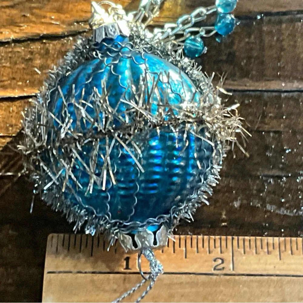 Unique Blue Glass Ornament with Wire Tinsel Beads